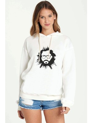 Qivi La Case De Papel El Profesor Baskılı Beyaz Kadın Örme Kapşonlu Sweatshirt Uzun Kol