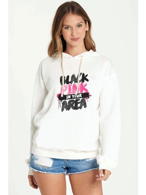 Qivi Black Pink In Your Area Baskılı Beyaz Kadın Örme Kapşonlu Sweatshirt Uzun Kol