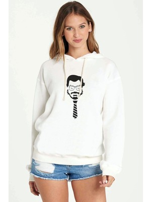 Qivi La Case De Papel The Teacher Baskılı Beyaz Kadın Örme Kapşonlu Sweatshirt Uzun Kol