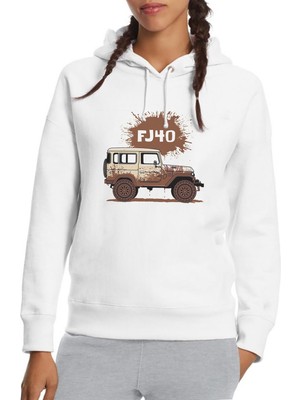 Qivi Toyota FJ40 Baskılı Beyaz Kadın Örme Kapşonlu Sweatshirt Uzun Kol