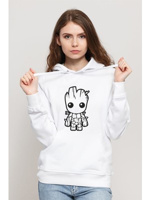 Qivi I Am Groot Baby Tekrenk Baskılı Beyaz Kadın Örme Kapşonlu Sweatshirt Uzun Kol