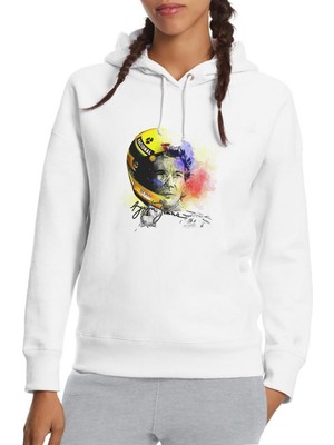 Qivi Formula F1 Ayrton Senna F1 Car Baskılı Beyaz Kadın Örme Kapşonlu Sweatshirt Uzun Kol