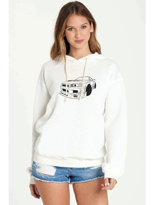 Qivi Nissan Skyline Line Art Baskılı Beyaz Kadın Örme Kapşonlu Sweatshirt Uzun Kol