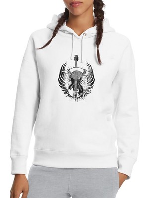 Qivi Guitar Rock Music Vector Guitar Baskılı Beyaz Kadın Örme Kapşonlu Sweatshirt Uzun Kol