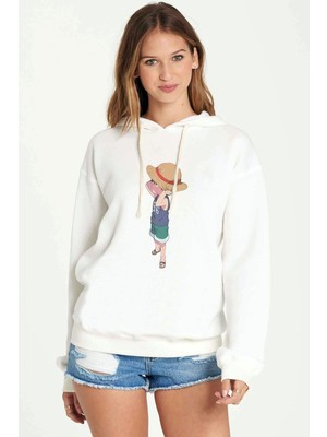 Qivi Anime One Piece Luffy Straw Baskılı Beyaz Kadın Örme Kapşonlu Sweatshirt Uzun Kol