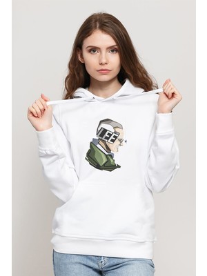 Qivi Stan Lee Marvel Baskılı Beyaz Kadın Örme Kapşonlu Sweatshirt Uzun Kol
