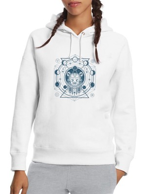 Qivi Astronomi Moon Baskılı Beyaz Kadın Örme Kapşonlu Sweatshirt Uzun Kol