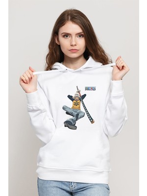 Qivi Anime One Piece Trafalgar Law Baskılı Beyaz Kadın Örme Kapşonlu Sweatshirt Uzun Kol