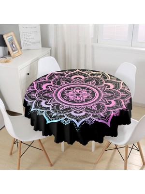 RealHomes Siyah Zeminde Pembe Mavi Mandala Desenli Özel Tasarım Yuvarlak Masa Örtüsü 140 cm