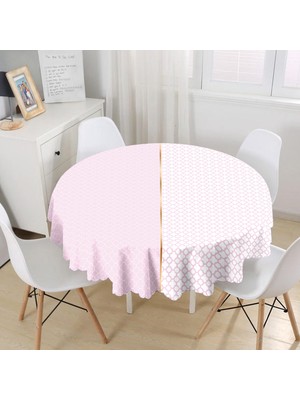 RealHomes Pembe & Beyaz Ogea Desenli Dijital Baskılı Modern Yuvarlak Masa Örtüsü 140 cm
