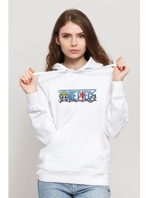 Qivi Anime One Piece Luffy Hat Baskılı Beyaz Kadın Örme Kapşonlu Sweatshirt Uzun Kol