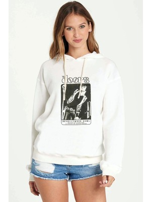 Qivi The Doors Live Hollywood Bowl Baskılı Beyaz Kadın Örme Kapşonlu Sweatshirt Uzun Kol