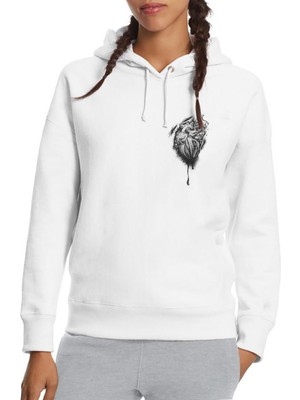 Qivi Kalbim Motorla Carpiyor Baskılı Beyaz Kadın Örme Kapşonlu Sweatshirt Uzun Kol