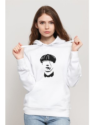 Qivi Peaky Blinders Minimalist Baskılı Beyaz Kadın Örme Kapşonlu Sweatshirt Uzun Kol