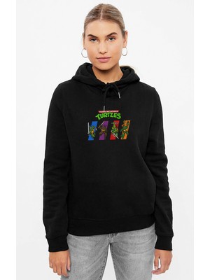 Qivi Retro Ninja Turtles Baskılı Siyah Kadın Örme Kapşonlu Sweashirt Uzun Kol