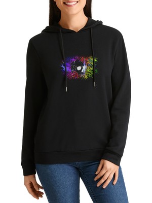 Qivi Computer Skull Baskılı Siyah Kadın Örme Kapşonlu Sweashirt Uzun Kol