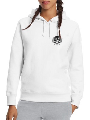 Qivi Gözlüklü Kulaklık ve Hip Hop Şapkalı Baskılı Beyaz Kadın Örme Kapşonlu Sweatshirt Uzun Kol