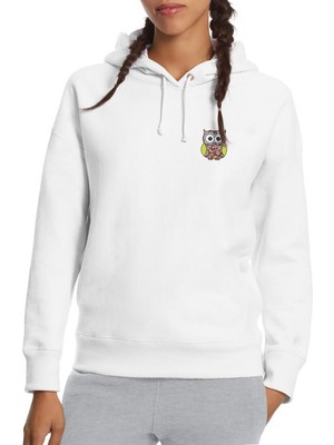 Qivi Baykuş Göğüs Baskılı Beyaz Kadın Örme Kapşonlu Sweatshirt Uzun Kol