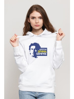 Qivi Formula F1 Ayrton Senna F1 Car Baskılı Beyaz Kadın Örme Kapşonlu Sweatshirt Uzun Kol