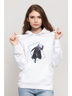 Qivi Yenilmez Yondu Galaxy Baskılı Beyaz Kadın Örme Kapşonlu Sweatshirt Uzun Kol
