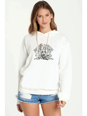 Qivi Bohemian Rhapsody Logo Baskılı Beyaz Kadın Örme Kapşonlu Sweatshirt Uzun Kol