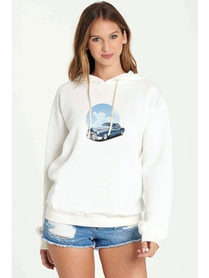 Qivi Classic Car Klasik Araba Baskılı Beyaz Kadın Örme Kapşonlu Sweatshirt Uzun Kol