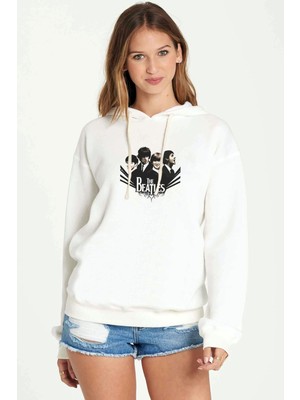 Qivi The Beatles Metal Rock Music Müzik Baskılı Beyaz Kadın Örme Kapşonlu Sweatshirt Uzun Kol