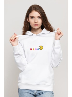 Qivi Pac Man Baskılı Beyaz Kadın Örme Kapşonlu Sweatshirt Uzun Kol