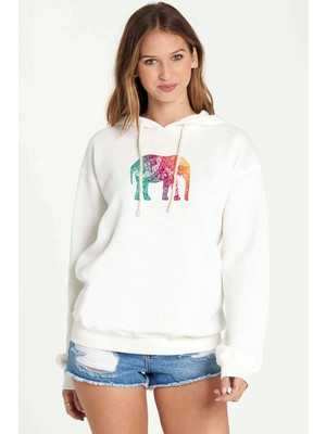 Qivi Watercolor Elephant Baskılı Kadın Örme Kapüşonlu Beyaz Sweatshirt Uzun Kol