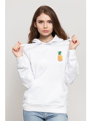 Qivi Watercolor Pineapple Baskılı Kadın Örme Kapüşonlu Beyaz Sweatshirt Uzun Kol