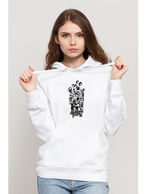 Qivi Stanger Things Gang Draw Baskılı Kadın Örme Kapüşonlu Beyaz Sweatshirt Uzun Kol
