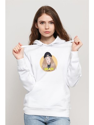 Qivi Skam Eva Baskılı Kadın Örme Kapüşonlu Beyaz Sweatshirt Uzun Kol