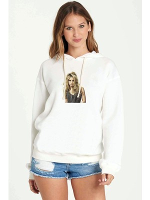 Qivi Shakira Baskılı Kadın Örme Kapüşonlu Beyaz Sweatshirt Uzun Kol