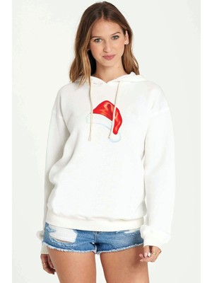 Qivi Watercolor Christmas Hat Baskılı Kadın Örme Kapüşonlu Beyaz Sweatshirt Uzun Kol