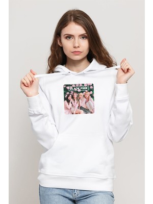 Qivi Blackpink Baskılı Kadın Örme Kapüşonlu Beyaz Sweatshirt Uzun Kol