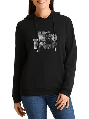 Qivi Mike Tyson Boks Baskılı Siyah Kadın Örme Kapşonlu Sweashirt Uzun Kol