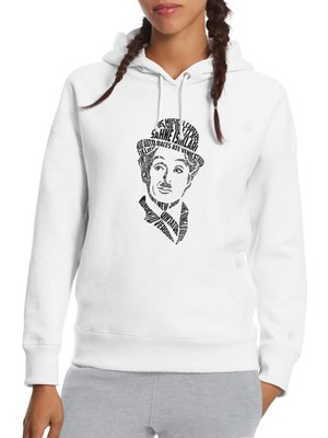 Qivi Charlie Chaplin Tipografi Baskılı Beyaz Kadın Örme Kapşonlu Sweatshirt Uzun Kol