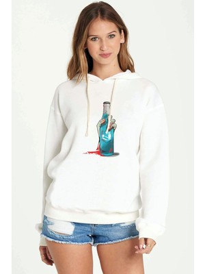 Qivi Zombıe Turkuaz Şise Baskılı Beyaz Kadın Örme Kapşonlu Sweatshirt Uzun Kol