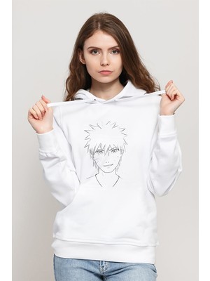 Qivi Anime Naruto Baskılı Beyaz Kadın Örme Kapşonlu Sweatshirt Uzun Kol