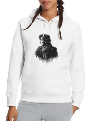 Qivi Sherlock Eskiz Baskılı Beyaz Kadın Örme Kapşonlu Sweatshirt Uzun Kol