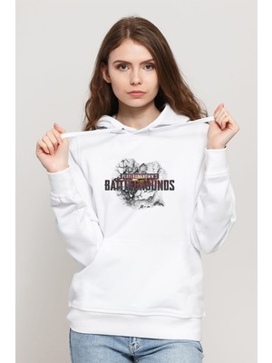 Qivi Pubg Logo Tas Alev Baskılı Beyaz Kadın Örme Kapşonlu Sweatshirt Uzun Kol