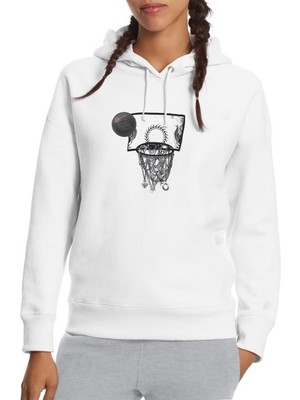 Qivi Basketbol Top Pota Baskılı Beyaz Kadın Örme Kapşonlu Sweatshirt Uzun Kol
