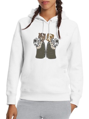 Qivi Animal Gangsta Dog And Tiger Mafia Baskılı Beyaz Kadın Örme Kapşonlu Sweatshirt Uzun Kol