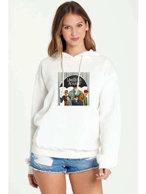 Qivi The Umbrella Academy Gang Rain Baskılı Beyaz Kadın Örme Kapşonlu Sweatshirt Uzun Kol