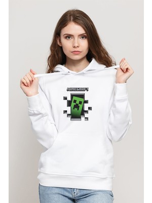 Qivi Mine Craft Baskılı Beyaz Kadın Örme Kapşonlu Sweatshirt Uzun Kol