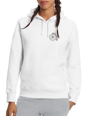 Qivi Bisiklet Büyük Teker Göğüs Baskılı Beyaz Kadın Örme Kapşonlu Sweatshirt Uzun Kol