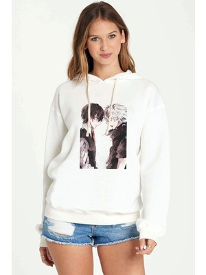 Qivi Anime Naruto Two Face Baskılı Beyaz Kadın Örme Kapşonlu Sweatshirt Uzun Kol