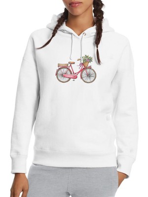Qivi Bisiklet Gül Sepetli Pembe Bisiklet Baskılı Beyaz Kadın Örme Kapşonlu Sweatshirt Uzun Kol