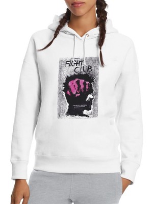 Qivi Fight Club Baskılı Beyaz Kadın Örme Kapşonlu Sweatshirt Uzun Kol