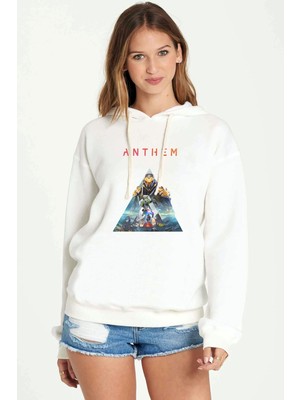Qivi Anthem Logo Baskılı Beyaz Kadın Örme Kapşonlu Sweatshirt Uzun Kol